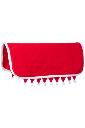 A red felt Santa Western saddle pad cover with plush white fleece trim and decorative pom-poms.