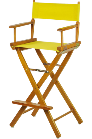 A foldable director's chair with a black frame and blue fabric seat and backrest.