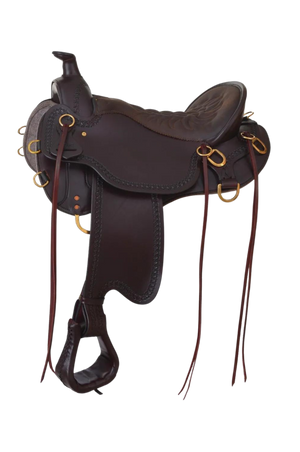 A brown and tooled mule saddle with chrome accents, designed for comfort and utility on the trail.