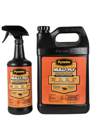 Two containers of Pyranha Nulli-Fly Fly Repellent Spray, a spray bottle and a gallon jug, with orange labels featuring product information.