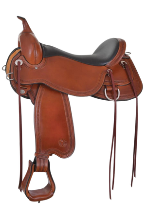 A brown Circle Y Pioneer Flex2 trail saddle with a black grainout and black suede seat, featuring frosted rope edge hardware and a 3-way adjustable in-skirt rigging.
