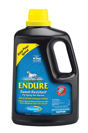 A black spray bottle labeled 'ENDURE' for use on horses, with a blue and green label detailing product information.