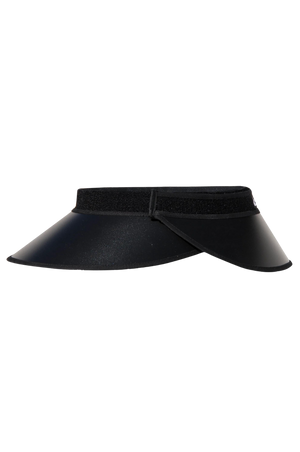 A black golf visor with a bow detail in the front.
