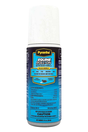 A bottle of Pyranha Equine Roll On Sweat Resistant Insect Repellent.