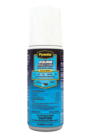 A bottle of Pyranha Equine Roll On Sweat Resistant Insect Repellent.
