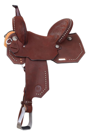 A brown Circle Y Redwood Barrel Saddle featuring chestnut roughout leather, gunmetal conchos, and a hardseat.