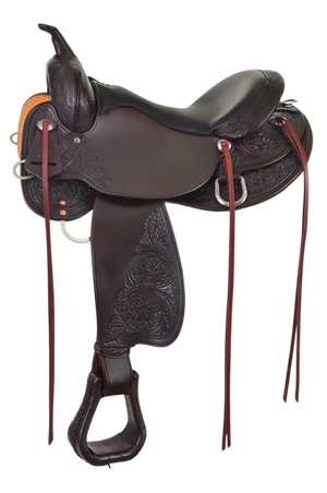 A trail saddle with a double padded seat, floral tooling, and stainless steel hardware.