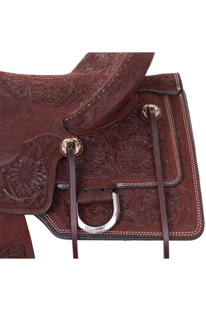 A brown Circle Y Burnett Flex2 Trail Saddle with detailed tooling and a classic ranchy look.