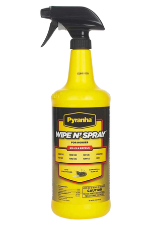 A yellow spray bottle labeled 'Pyranha Wipe N' Spray' with black text, used for animal fly protection and coat conditioning.