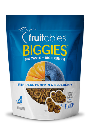A package of Fruitables Biggies dog treats with a visible flower shape and ingredients like almond butter and coconut.