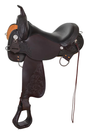 A black Circle Y Round Rock gaited trail saddle with floral tooling and silver-plated conchos, featuring a wood tree and short skirts.