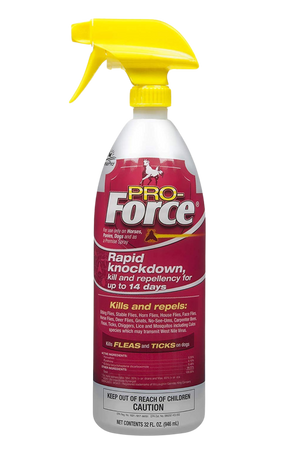 A bottle of Pro-Force Fly Spray with a yellow spray nozzle.
