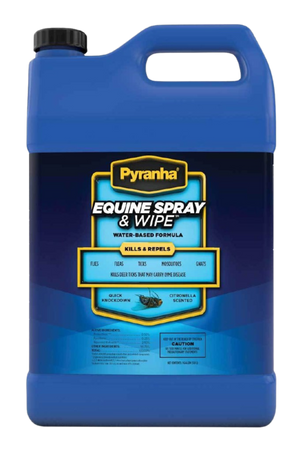 A blue spray bottle labeled 'Pyranha Equine Spray & Wipe' designed for use on animals.