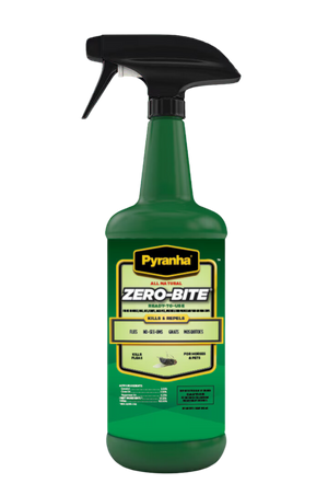 Pyranha Zero-Bite insect spray, one larger gallon-sized container and a smaller spray bottle, both green with product information and branding.