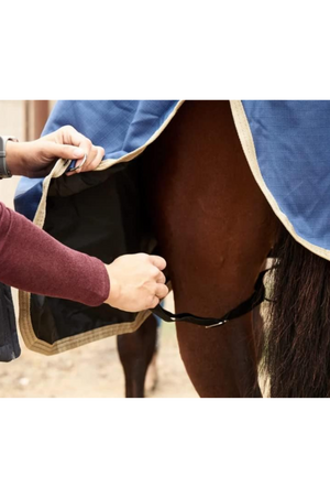 A pair of black elastic blanket leg straps with metal snaps on each end