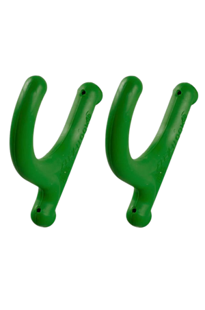 A pair of light green Flex Hooks® designed for hanging items safely, capable of holding up to 5 pounds.