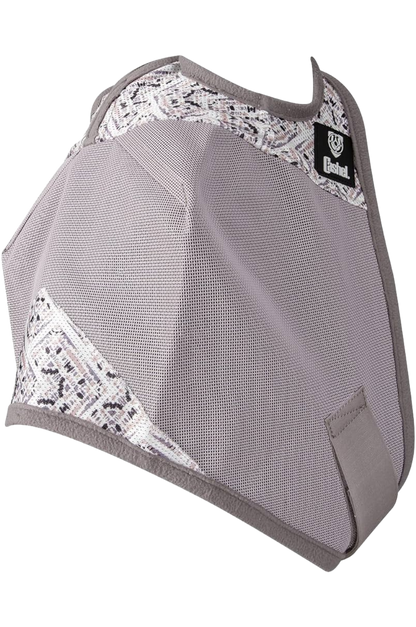 A gray horse fly mask covering the horse's eyes and head, with an open design at the front.