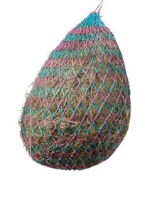 A deluxe hay net with metal rings, hanging, and made of a textile material with a checkered pattern.
