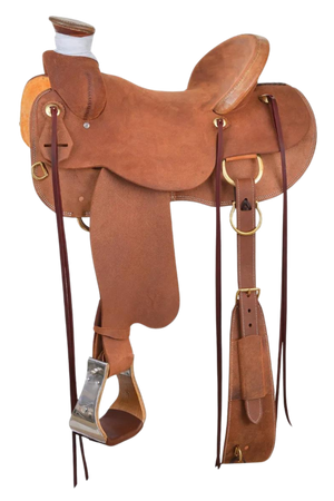 A brown leather saddle with rawhide accents and brass hardware, designed for ranch work with a deep seat and a large horn.