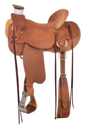 A brown leather saddle with rawhide accents and brass hardware, designed for ranch work with a deep seat and a large horn.