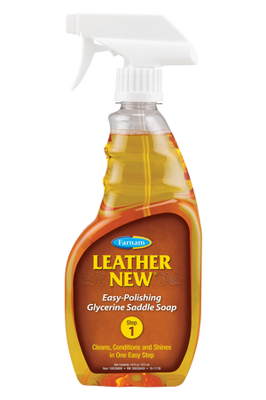A plastic spray bottle of Farnam Leather New Easy Polishing Glycerine Saddle Soap.