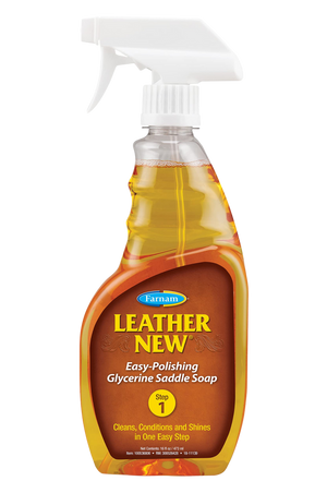 A plastic spray bottle of Farnam Leather New Easy Polishing Glycerine Saddle Soap.