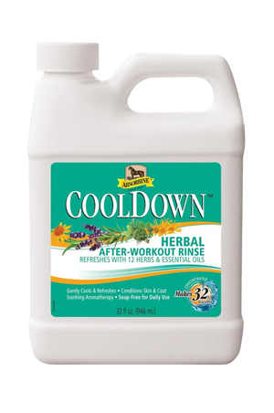 A white bottle of ABSORBINE COOLDOWN HERBAL RINSE with a label featuring green and herbal design elements.