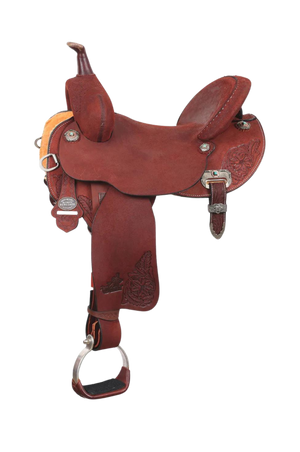 A red leather saddle with roughout hardseat and barbwire flower conchos, designed for barrel racing.