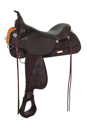 A brown Circle Y Mineral Wells Trail saddle with floral panel tooling, silver-plated conchos, and an adjustable rigging system.