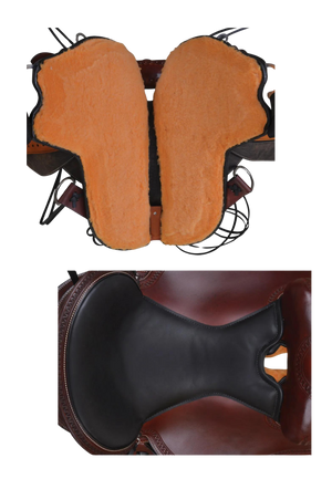 A brown Circle Y Ridgeline Trail Saddle with black accents and silver conchos.