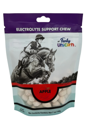 A container of Funky Unicorn electrolyte cubes with apple flavor, designed for horses.