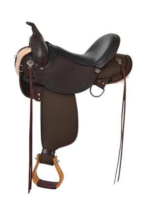 A brown Circle Y Rosebud Cordura Trail-Diamond Saddle with copper rosebud conchos and a short, round skirt.