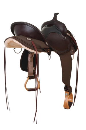 A brown Circle Y Rosebud Cordura Trail-Diamond Saddle with copper rosebud conchos and a short, round skirt.