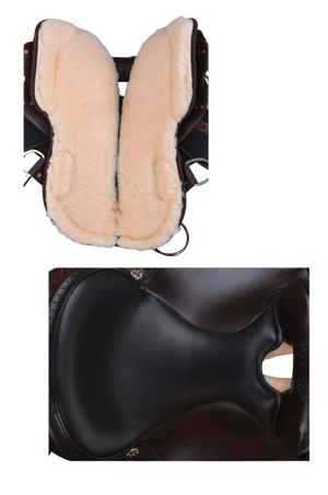 A brown Circle Y Rosebud Cordura Trail-Diamond Saddle with copper rosebud conchos and a short, round skirt.