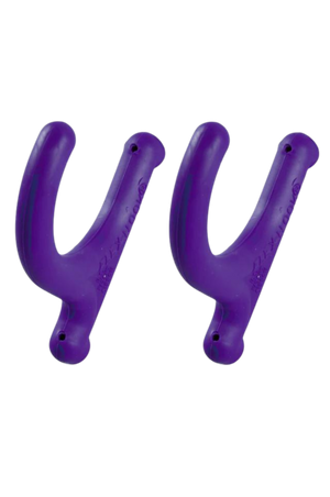 A pair of purple Flex Hooks® designed for hanging items safely, capable of holding up to 5 pounds.