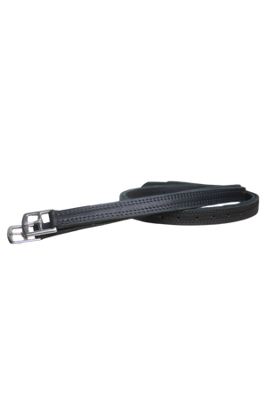 A black exercise leather stirrup for horses, showing the side profile with reinforced stitching and a metal buckle.