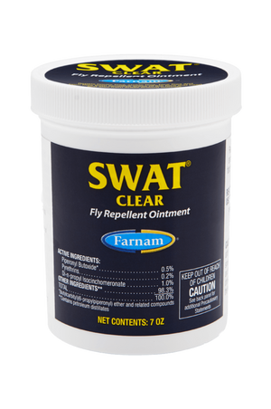 SWAT fly repellent ointment, one labeled as SWAT Original in pink, and the other as SWAT Clear in blue, both with red text and branding.