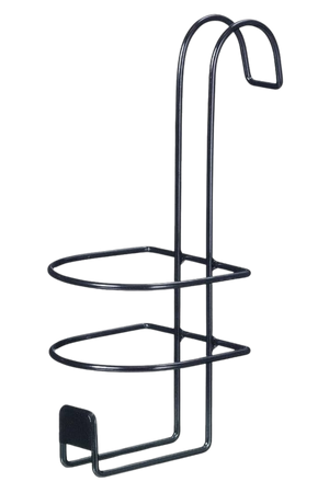 A wire spray bottle holder designed to hang over stalls, fences, or gates.