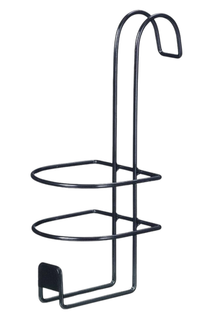 A wire spray bottle holder designed to hang over stalls, fences, or gates.
