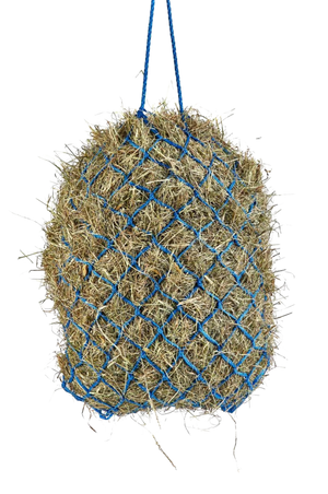 A blue haylage net filled with hay.