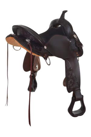 A black Circle Y Round Rock gaited trail saddle with floral tooling and silver-plated conchos, featuring a wood tree and short skirts.