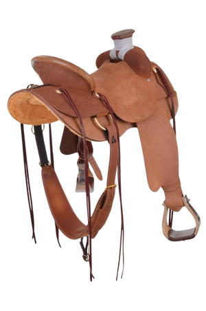 A brown leather saddle with rawhide accents and brass hardware, designed for ranch work with a deep seat and a large horn.