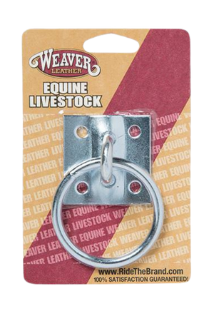 A metal tie ring plate designed for barn and trailer use, packaged on a card with the Weaver Leather brand visible.