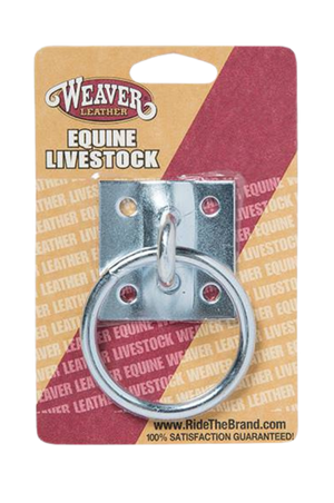 A metal tie ring plate designed for barn and trailer use, packaged on a card with the Weaver Leather brand visible.