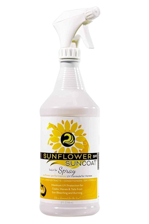 A white spray bottle with a label featuring a sunflower, branded as 'Sunflower Suncoat Spray'.
