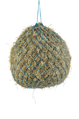 A deluxe hay net with metal rings, hanging, and made of a textile material with a checkered pattern.