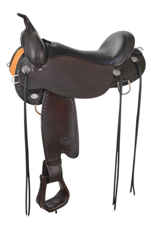 A black Circle Y Salt River Flex2 Trail Saddle with engraved stainless steel conchos and leather laced ErgoBalance Stirrups.