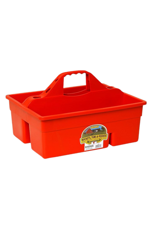 A large plastic tote box with multiple compartments and an easy-grip handle.