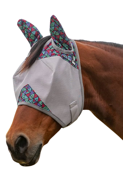 A gray CASHEL Crusader fly mask with ears attached to a horse head.