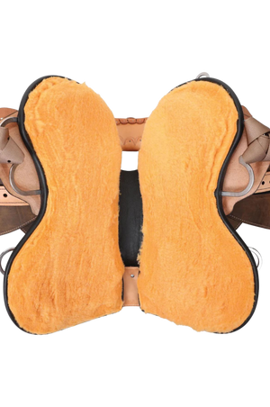 A brown Circle Y Pioneer Flex2 trail saddle with a black grainout and black suede seat, featuring frosted rope edge hardware and a 3-way adjustable in-skirt rigging.